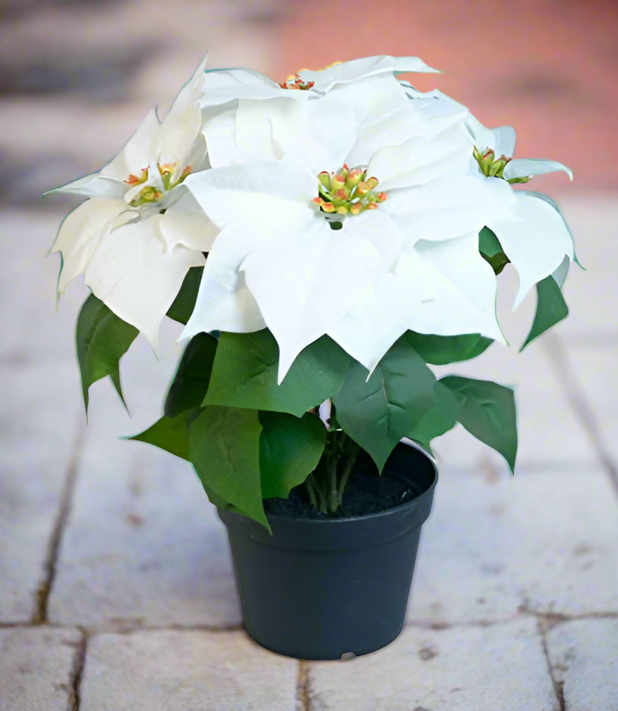 Allstate 14 Inch White Artificial Christmas Poinsettia Plant in Pot, Velvet Touch Flowers