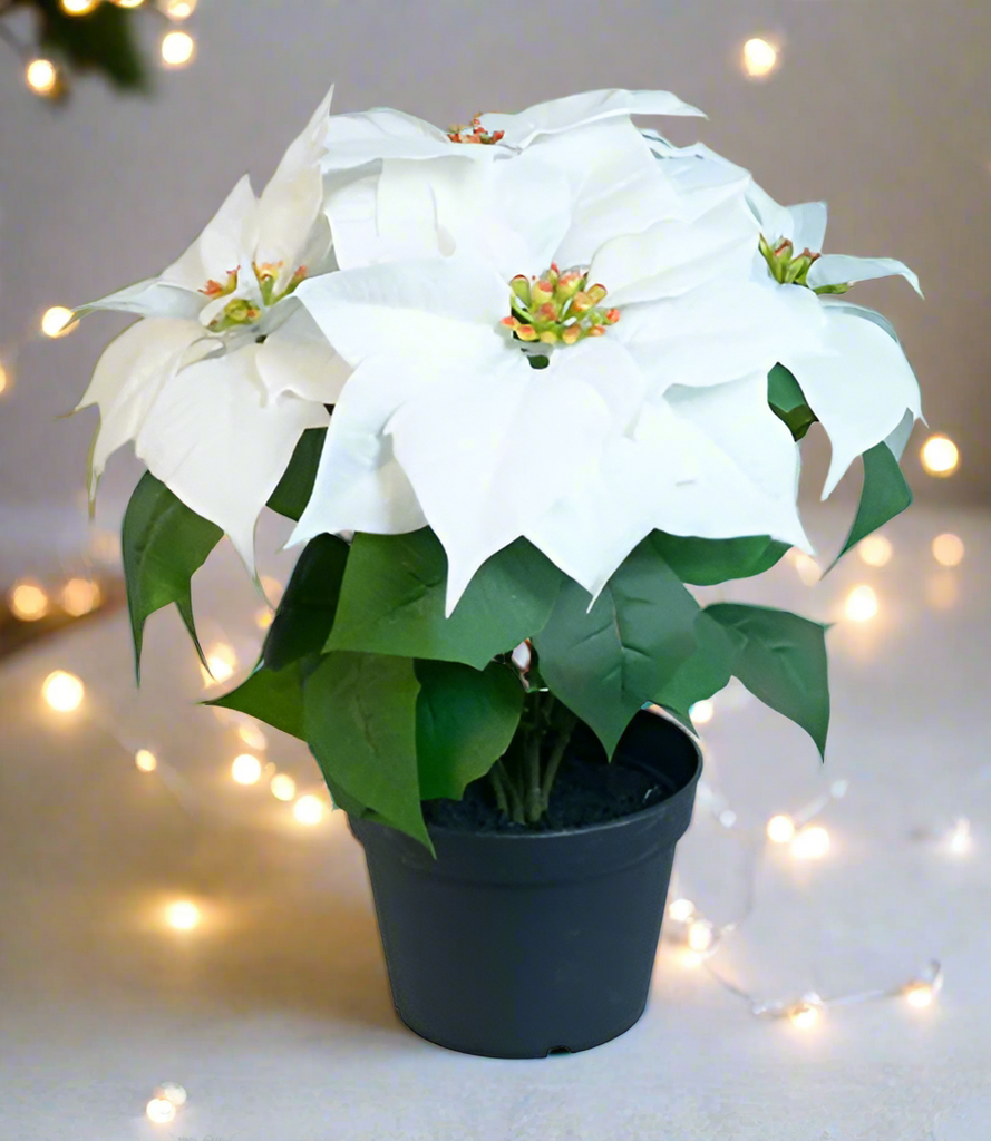 Allstate 14 Inch White Artificial Christmas Poinsettia Plant in Pot, Velvet Touch Flowers