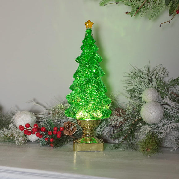 LED Christmas Tree Snow Globe with Timer, 14 Inches High, Green Acrylic with Gold Base, Battery Operated Swirling Snow Water Lantern