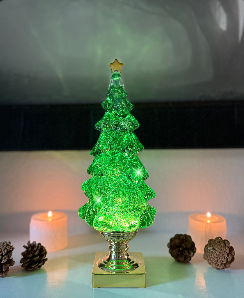 LED Christmas Tree Snow Globe with Timer, 14 Inches High, Green Acrylic with Gold Base, Battery Operated Swirling Snow Water Lantern