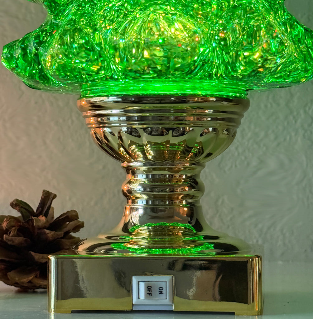 LED Christmas Tree Snow Globe with Timer, 14 Inches High, Green Acrylic with Gold Base, Battery Operated Swirling Snow Water Lantern