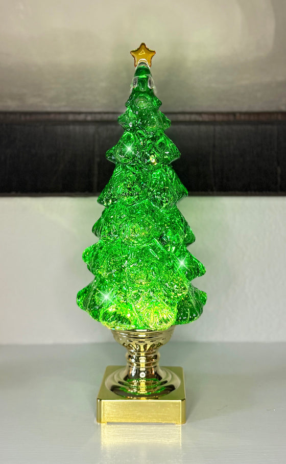 LED Christmas Tree Snow Globe with Timer, 14 Inches High, Green Acrylic with Gold Base, Battery Operated Swirling Snow Water Lantern