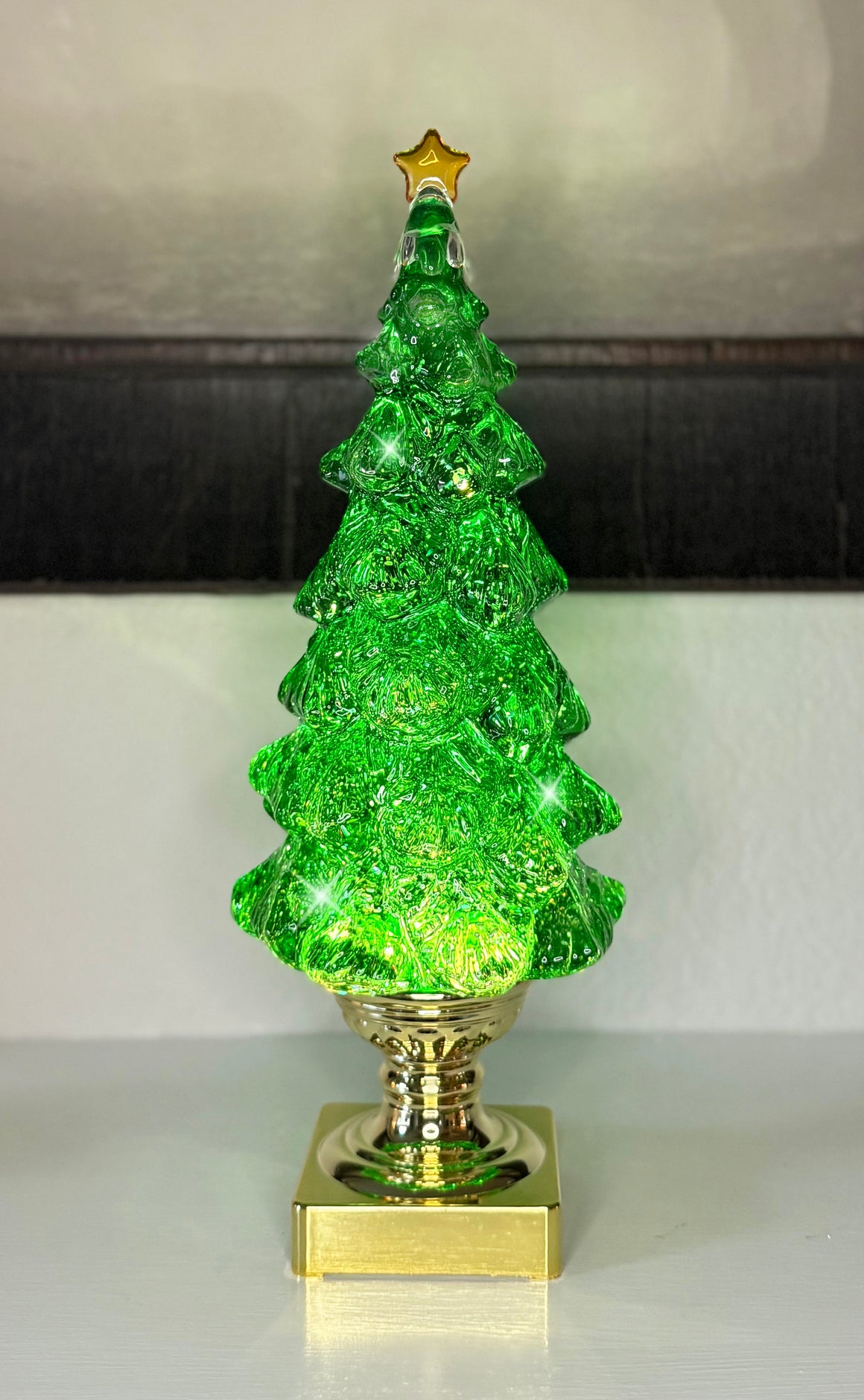 LED Christmas Tree Snow Globe with Timer, 14 Inches High, Green Acrylic with Gold Base, Battery Operated Swirling Snow Water Lantern