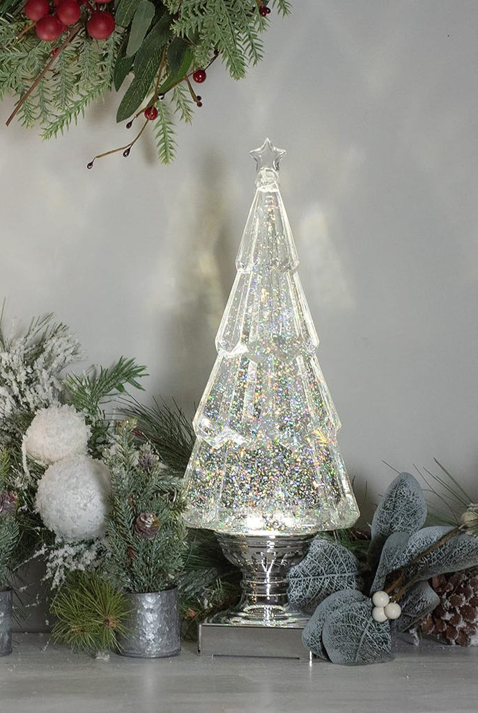 LED Christmas Tree Snow Globe with Timer, 14 Inches High, Clear Acrylic with Silver Base, Battery Operated Swirling Snow Water Lantern