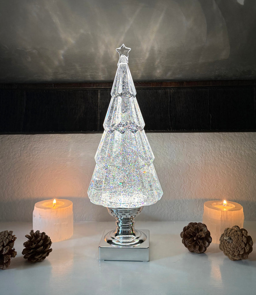 LED Christmas Tree Snow Globe with Timer, 14 Inches High, Clear Acrylic with Silver Base, Battery Operated Swirling Snow Water Lantern