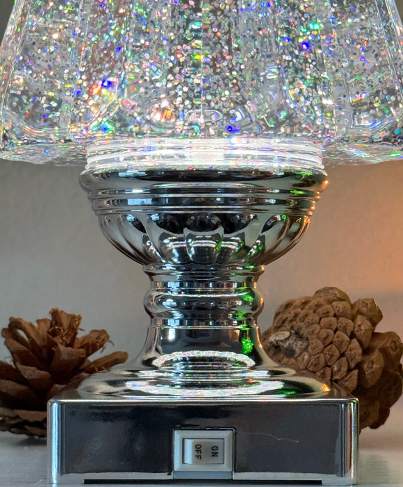 LED Christmas Tree Snow Globe with Timer, 14 Inches High, Clear Acrylic with Silver Base, Battery Operated Swirling Snow Water Lantern