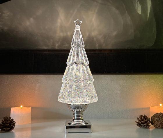 LED Christmas Tree Snow Globe with Timer, 14 Inches High, Clear Acrylic with Silver Base, Battery Operated Swirling Snow Water Lantern