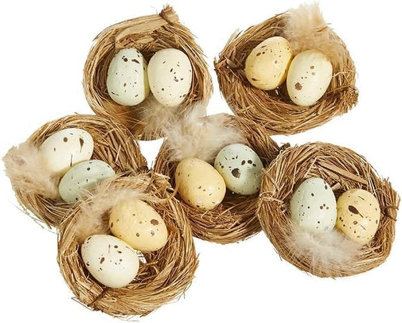 Set of 6 Small Bird Nests with Artificial Speckled Eggs, 2.25 Inches Each, Natural Feathers and Raffia
