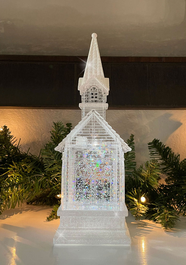 Lighted Swirling Glitter Water Lantern, 11 inches, White Snowy Meeting House Church