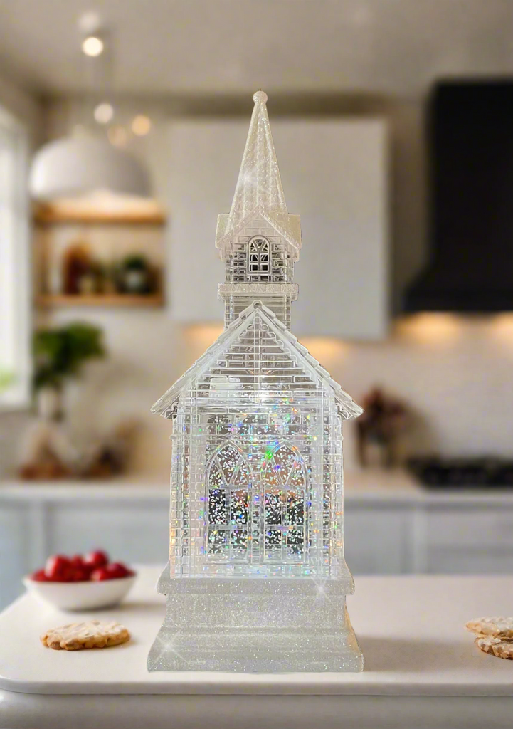 Lighted Swirling Glitter Water Lantern, 11 inches, White Snowy Meeting House Church