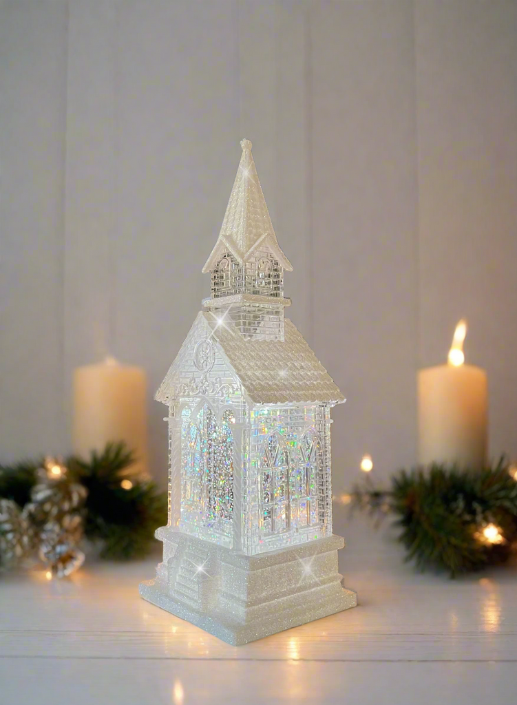 Lighted Swirling Glitter Water Lantern, 11 inches, White Snowy Meeting House Church