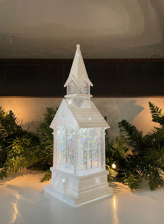 Lighted Swirling Glitter Water Lantern, 11 inches, White Snowy Meeting House Church