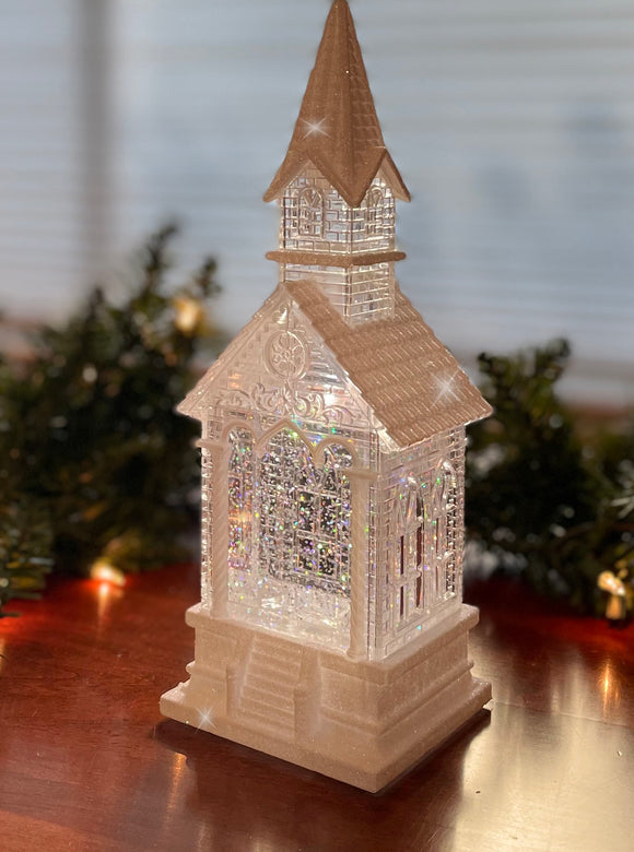 Lighted Swirling Glitter Water Lantern, 11 inches, White Snowy Meeting House Church