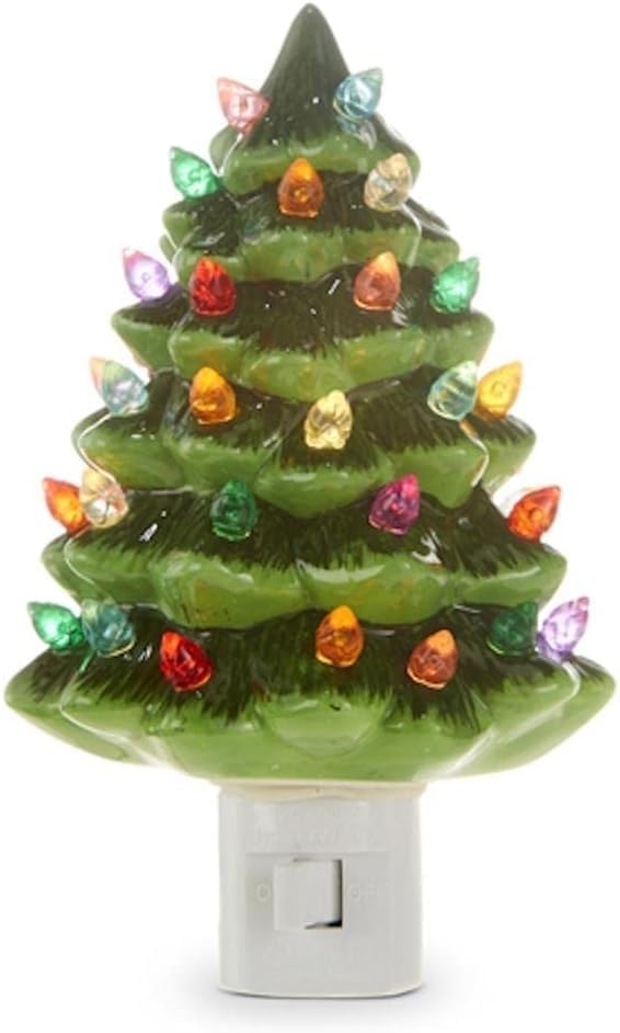 TenWaterloo Christmas Tree Night Light, Ceramic with Lighted Ornaments, 6 Inches High, Vintage Style Christmas Light, Green with Multi Colored Bulbs
