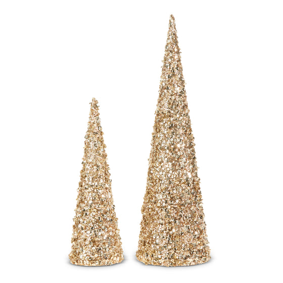 18 Inch and 12 Inch High Jeweled Glittered Christmas Cone Trees, Set of 2 - Champagne Gold with Pearls, Sequins and Seed Beads