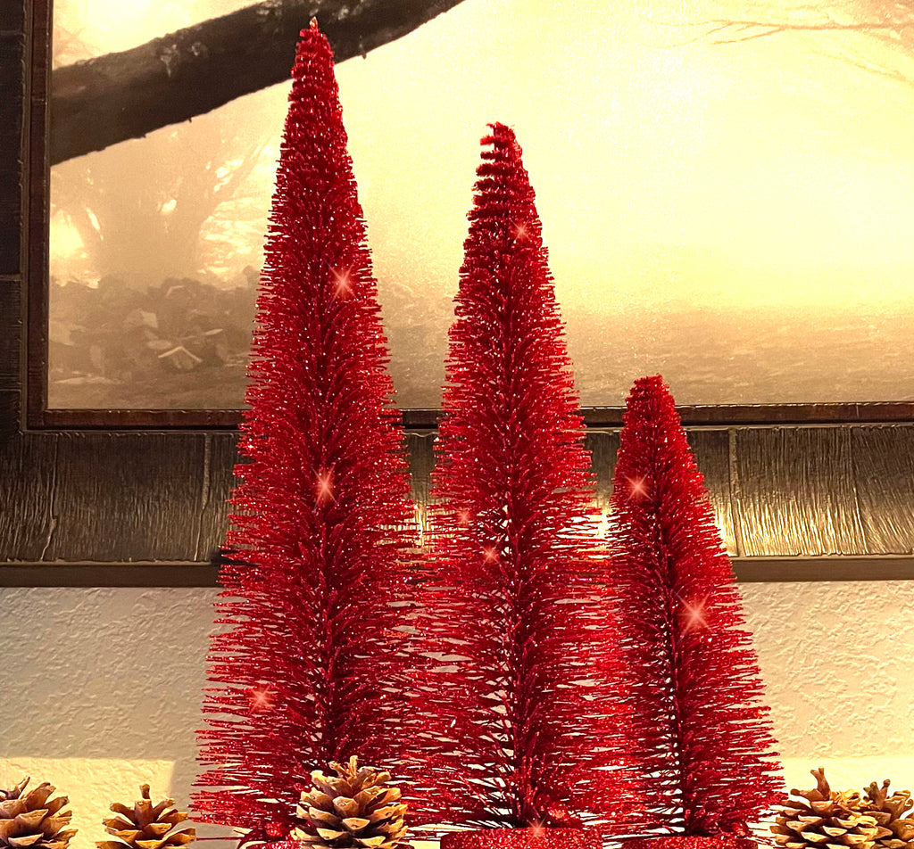 Sparkling Red Sisal Christmas Bottle Brush Trees, Set of 3, with Wood Bases, 18", 14", 10" Tall