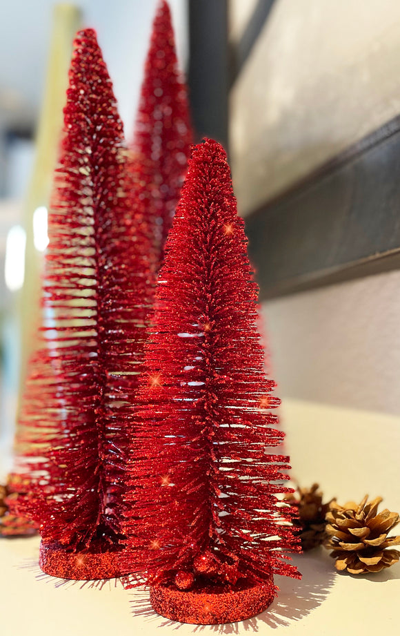 Sparkling Red Sisal Christmas Bottle Brush Trees, Set of 3, with Wood Bases, 18", 14", 10" Tall