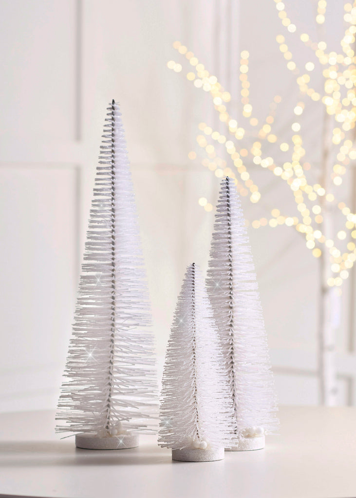 Sparkling White Sisal Christmas Bottle Brush Trees, Set of 3, with Wood Bases, 18", 14", 10" Tall