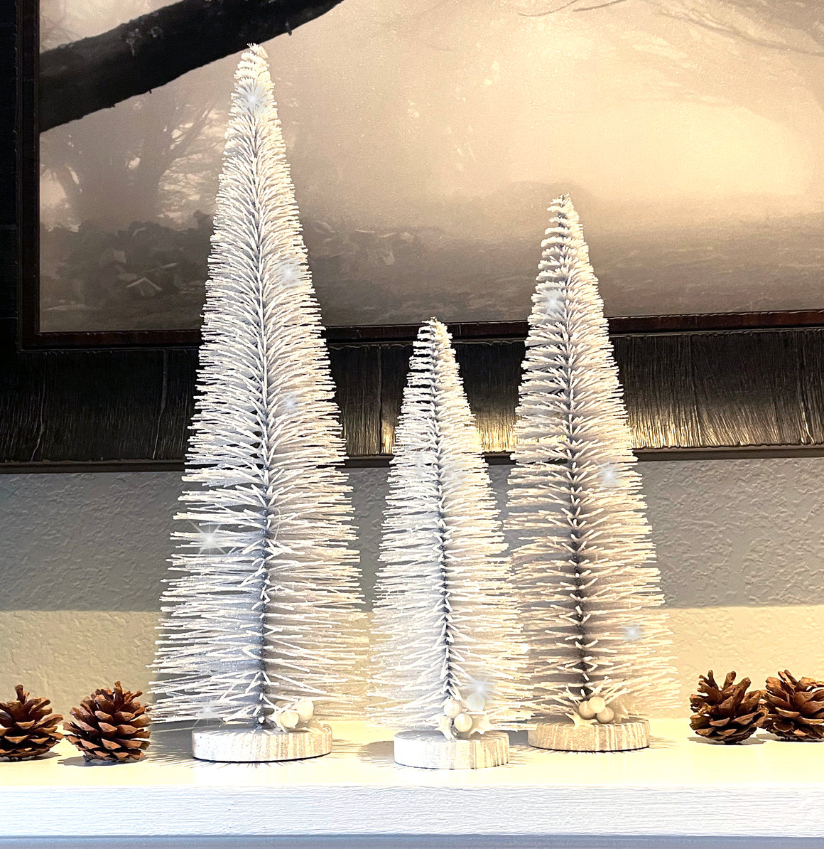 Sparkling White Sisal Christmas Bottle Brush Trees, Set of 3, with Wood Bases, 18", 14", 10" Tall