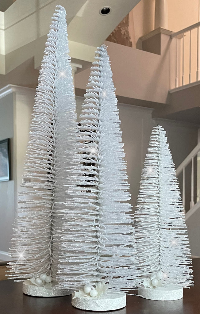 Sparkling White Sisal Christmas Bottle Brush Trees, Set of 3, with Wood Bases, 18", 14", 10" Tall