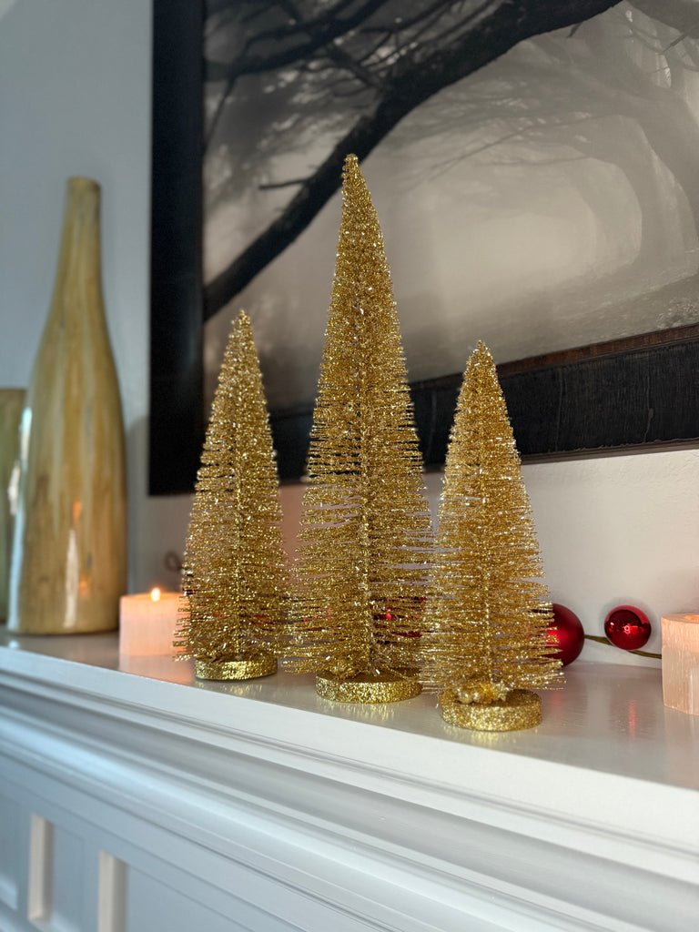 Sparkling Gold Sisal Christmas Trees with Wood Bases, Set of 3, Winter Holiday Tabletop Decor - 18 Inches, 14 Inches and 10 Inches Tall