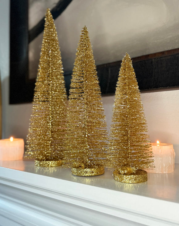 Sparkling Gold Sisal Christmas Trees with Wood Bases, Set of 3, Winter Holiday Tabletop Decor - 18 Inches, 14 Inches and 10 Inches Tall