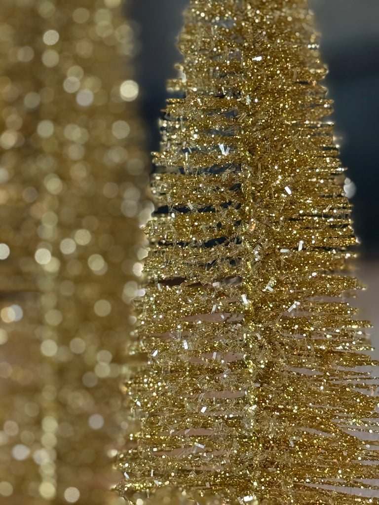 Sparkling Gold Sisal Christmas Trees with Wood Bases, Set of 3, Winter Holiday Tabletop Decor - 18 Inches, 14 Inches and 10 Inches Tall