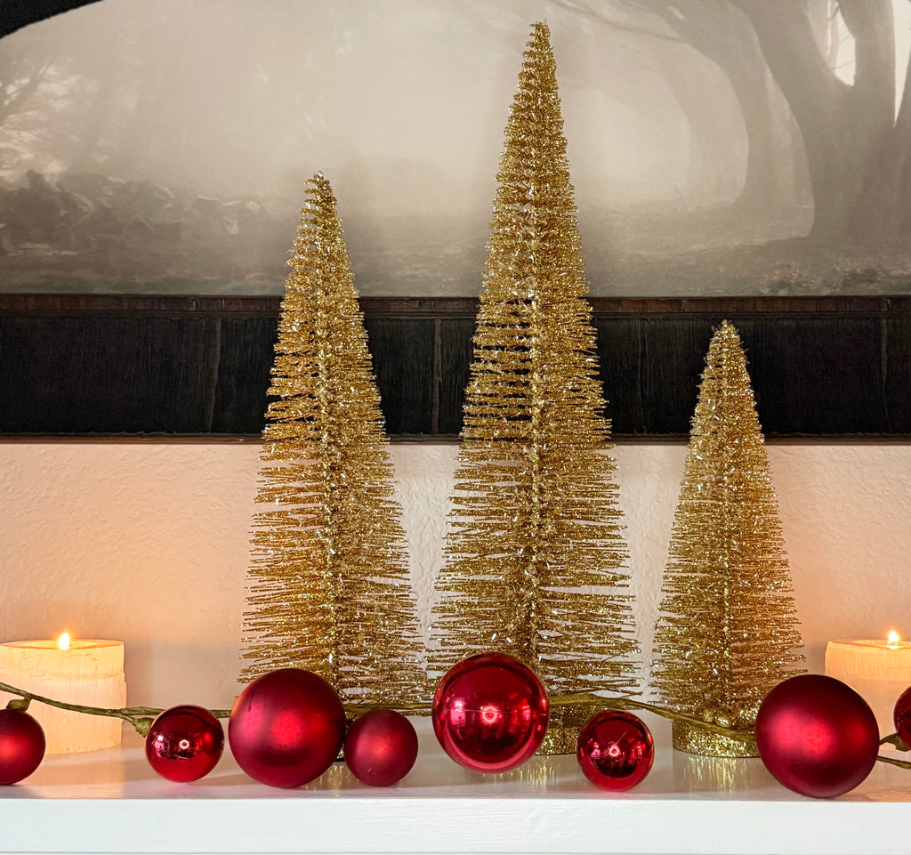Sparkling Gold Sisal Christmas Trees with Wood Bases, Set of 3, Winter Holiday Tabletop Decor - 18 Inches, 14 Inches and 10 Inches Tall