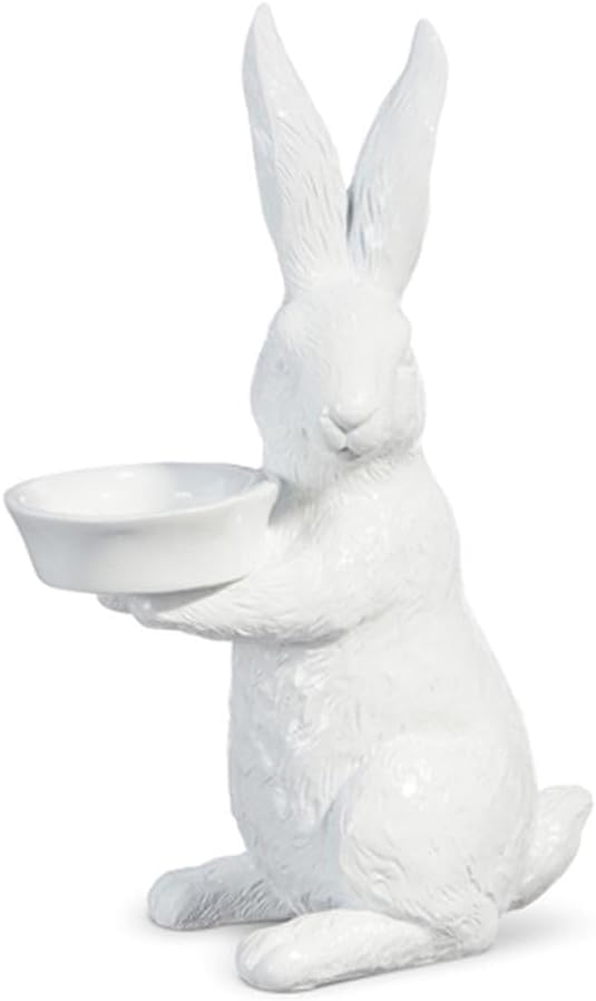 White Easter Rabbit Tea Light Candle Holder, 8.25 Inches High, Carved Polyresin