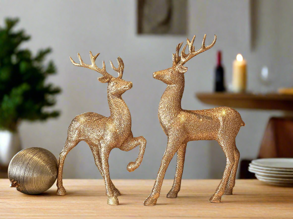 Copper Glitter Christmas Reindeer Figurines, Set of 2, 12.5 Inches High