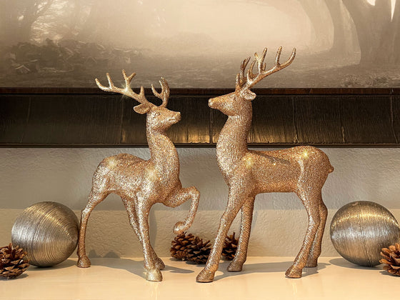 Copper Glitter Christmas Reindeer Figurines, Set of 2, 12.5 Inches High