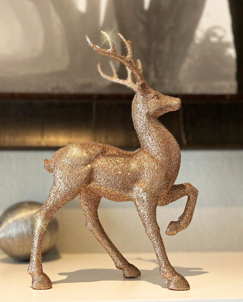 Copper Glitter Christmas Reindeer Figurines, Set of 2, 12.5 Inches High