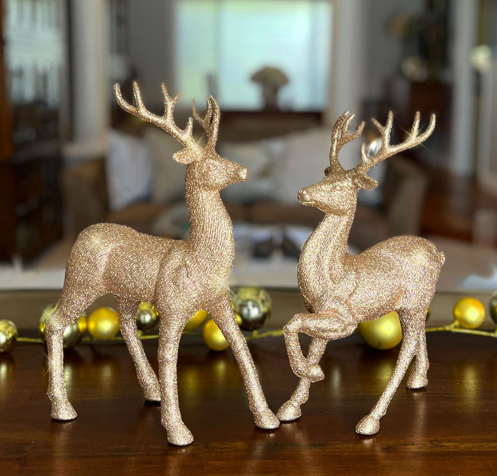 Copper Glitter Christmas Reindeer Figurines, Set of 2, 12.5 Inches High