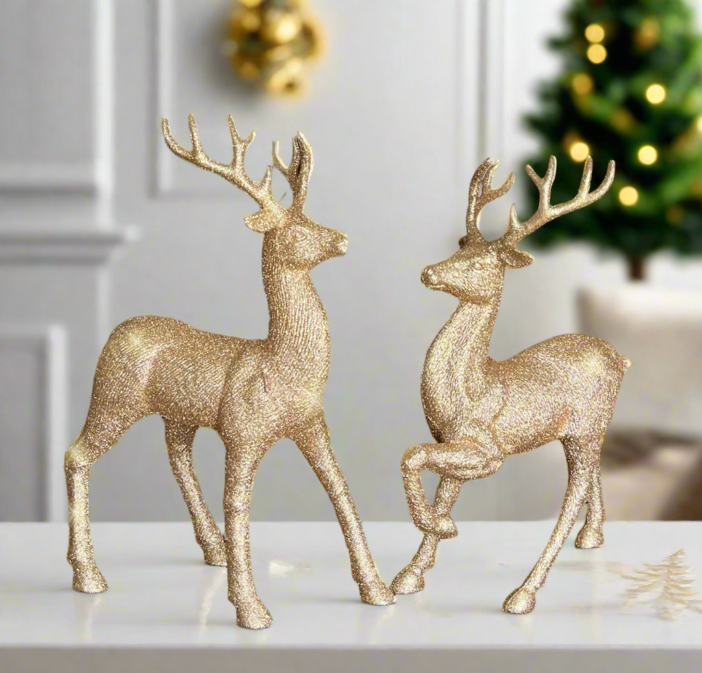 Copper Glitter Christmas Reindeer Figurines, Set of 2, 12.5 Inches High