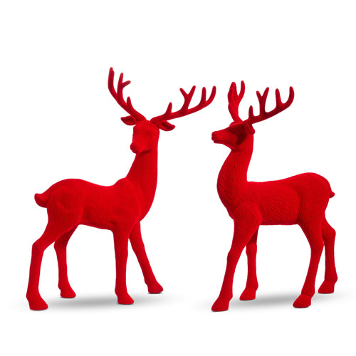 Red Velvet Christmas Deer Set of 2, Sculpted Reindeers 12.5 Inches High