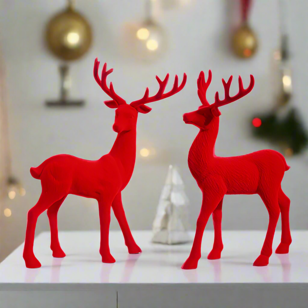 Red Velvet Christmas Deer Set of 2, Sculpted Reindeers 12.5 Inches High