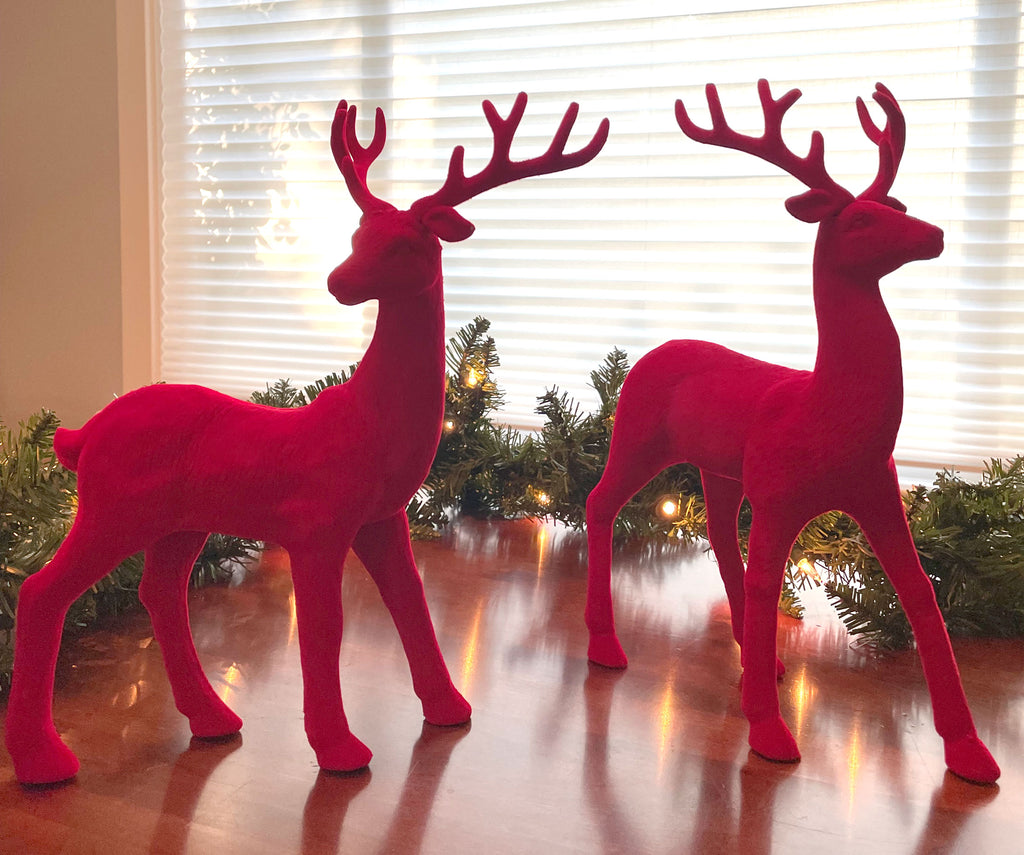 Red Velvet Christmas Deer Set of 2, Sculpted Reindeers 12.5 Inches High