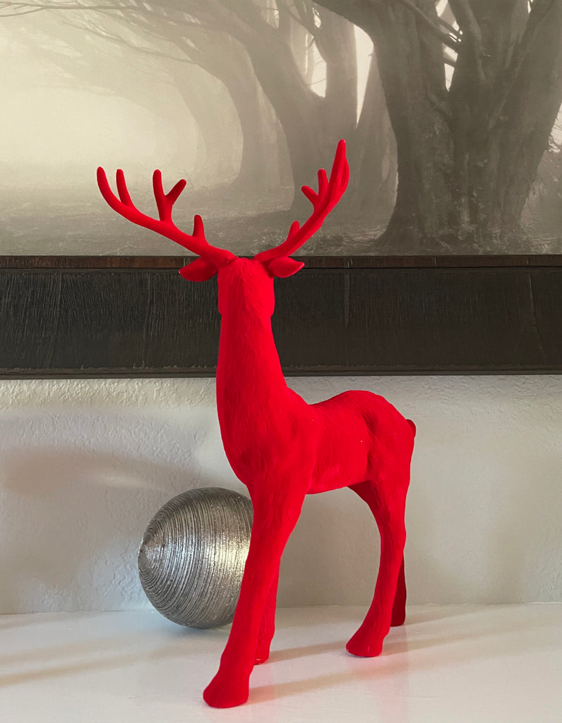 Red Velvet Christmas Deer Set of 2, Sculpted Reindeers 12.5 Inches High