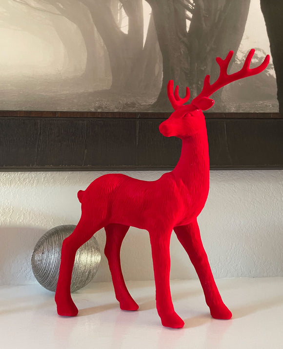 Red Velvet Christmas Deer Set of 2, Sculpted Reindeers 12.5 Inches High