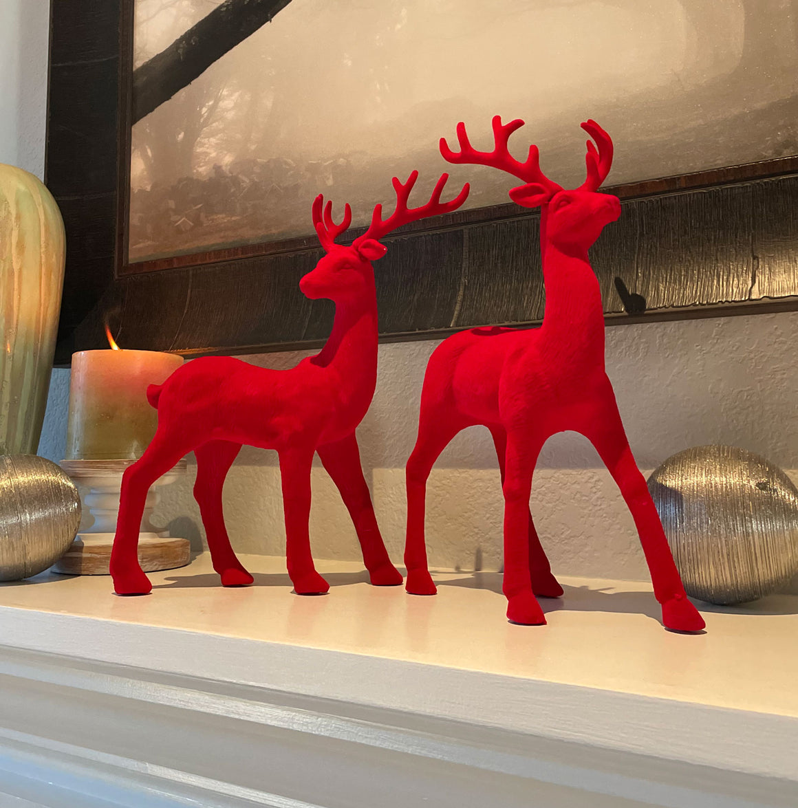 Red Velvet Christmas Deer Set of 2, Sculpted Reindeers 12.5 Inches High