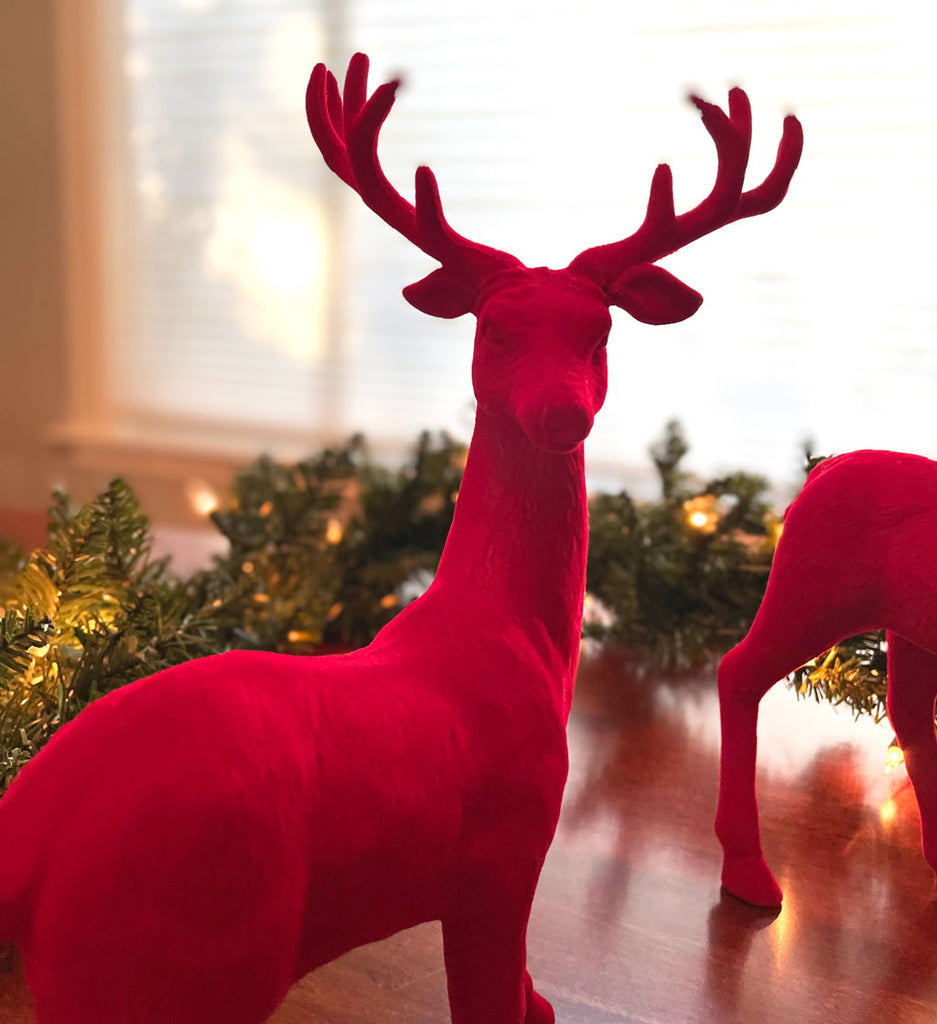 Red Velvet Christmas Deer Set of 2, Sculpted Reindeers 12.5 Inches High