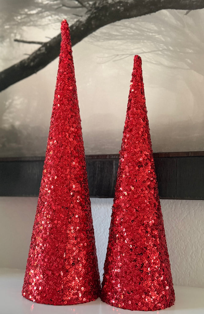 Red Sequined Christmas Cone Trees, Set of 2, Holiday Decorations 20 and 24 Inches High