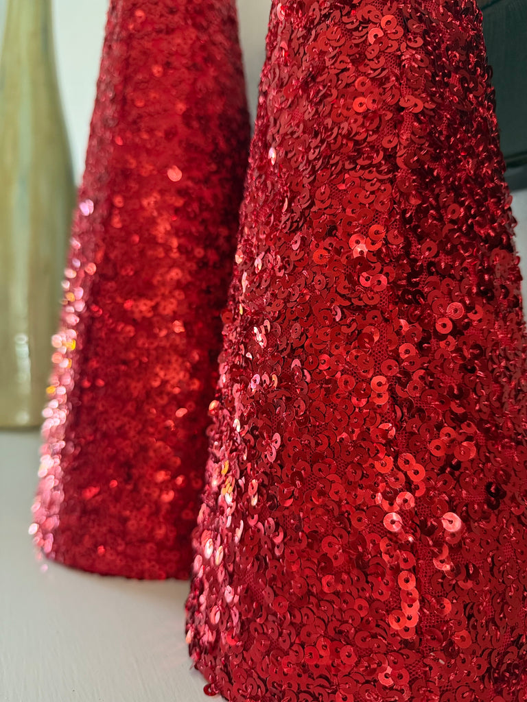 Red Sequined Christmas Cone Trees, Set of 2, Holiday Decorations 20 and 24 Inches High