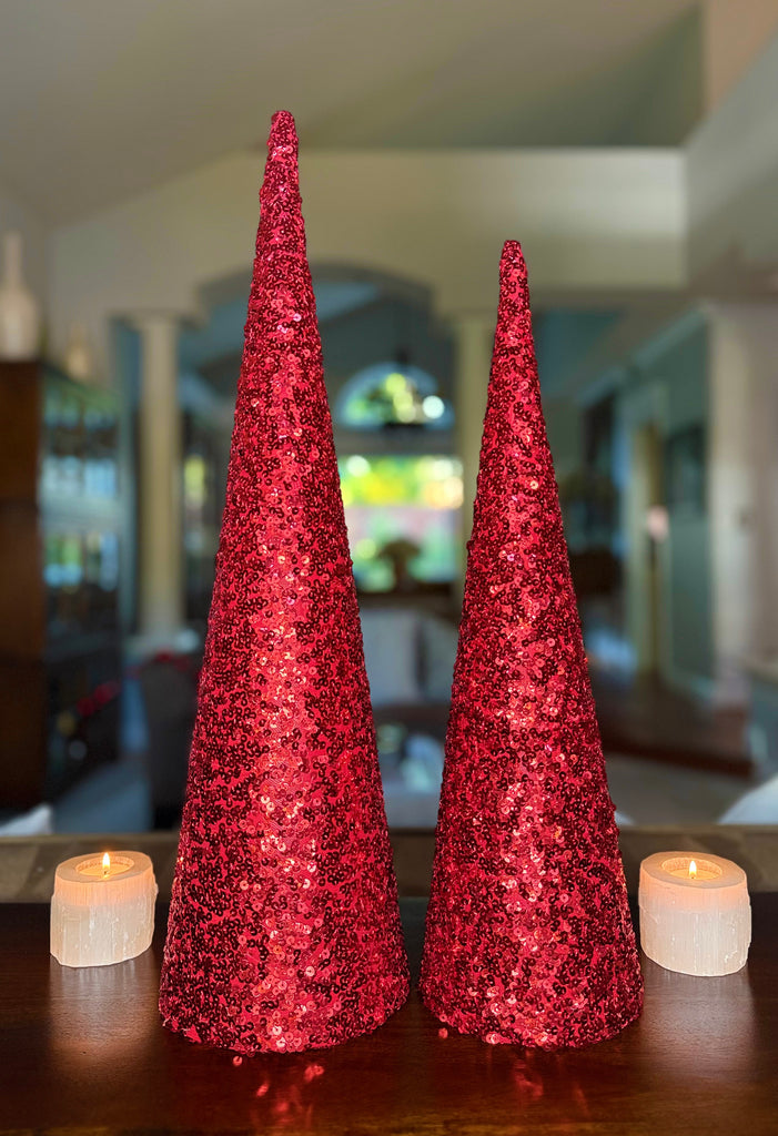 Red Sequined Christmas Cone Trees, Set of 2, Holiday Decorations 20 and 24 Inches High
