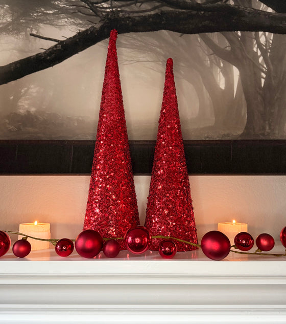 Red Sequined Christmas Cone Trees, Set of 2, Holiday Decorations 20 and 24 Inches High
