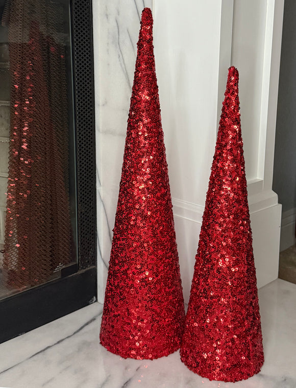 Red Sequined Christmas Cone Trees, Set of 2, Holiday Decorations 20 and 24 Inches High