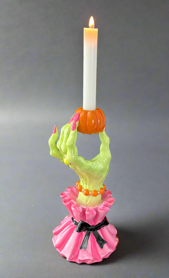 Halloween Glamorous Wicked Witch Hand Candlestick Holder, 10" H x 5" W, Pink and Green, Polyresin Taper Candle Stand