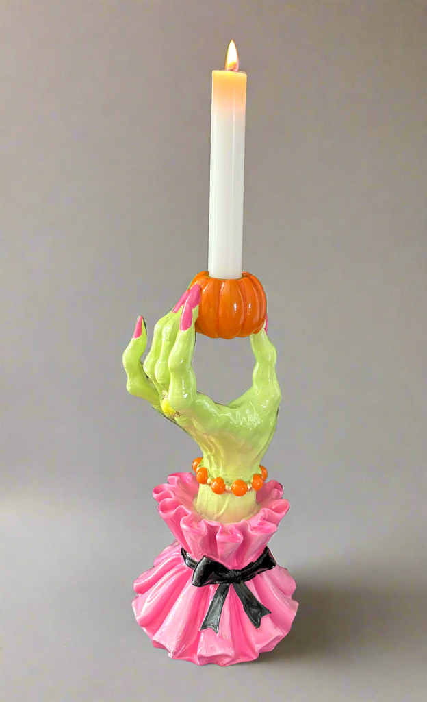 Halloween Glamorous Wicked Witch Hand Candlestick Holder, 10" H x 5" W, Pink and Green, Polyresin Taper Candle Stand