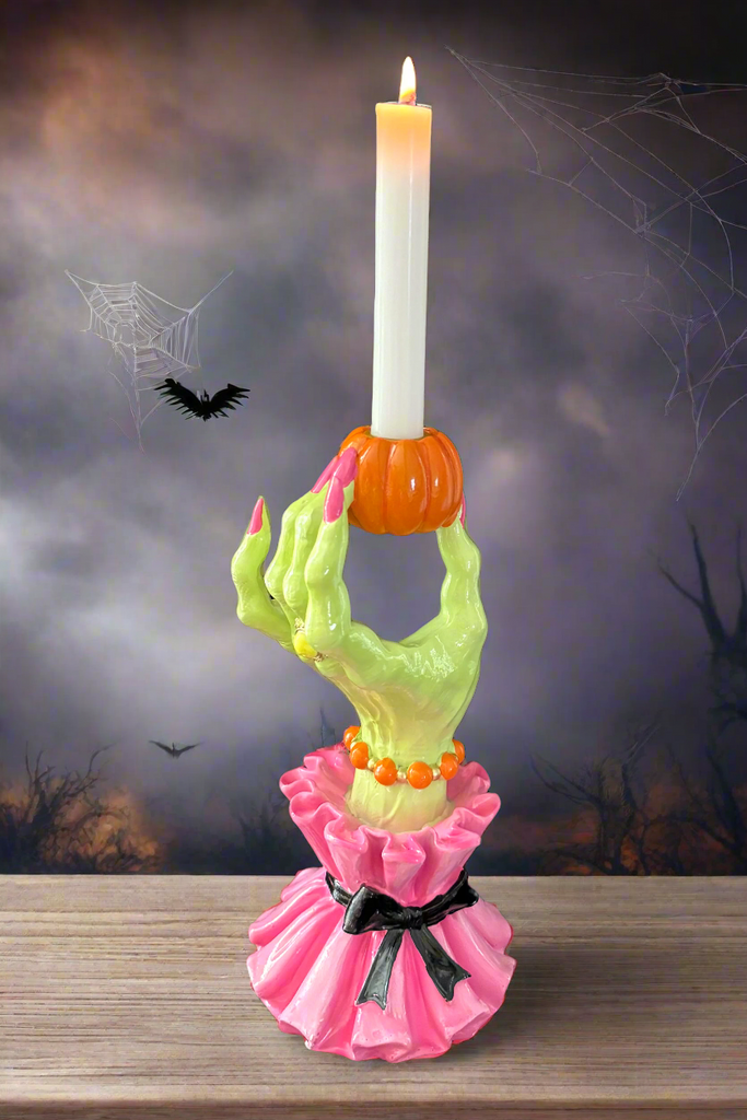 Halloween Glamorous Wicked Witch Hand Candlestick Holder, 10" H x 5" W, Pink and Green, Polyresin Taper Candle Stand