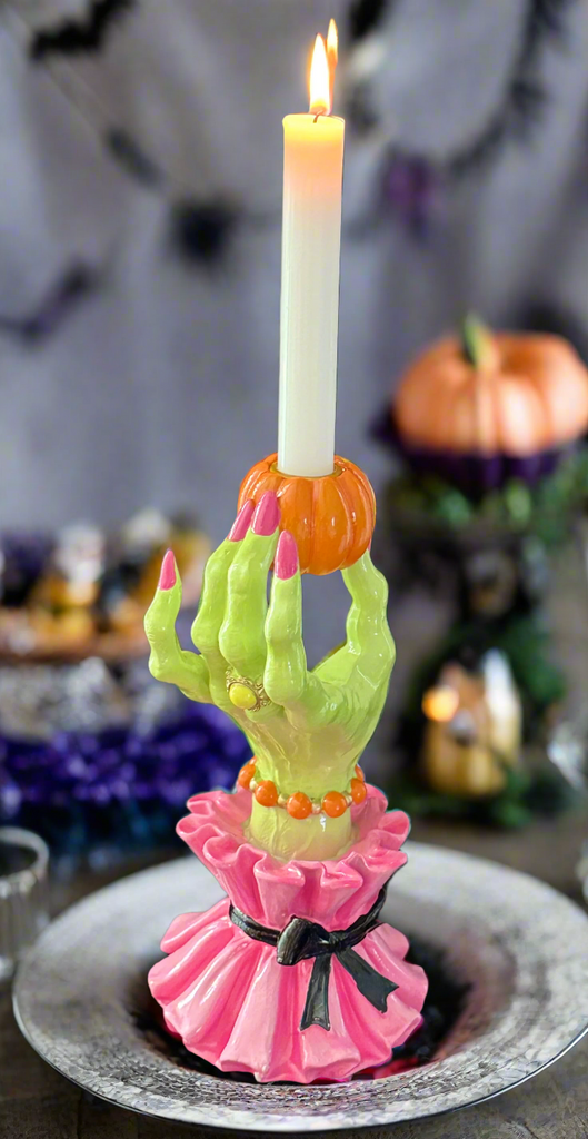 Halloween Glamorous Wicked Witch Hand Candlestick Holder, 10" H x 5" W, Pink and Green, Polyresin Taper Candle Stand